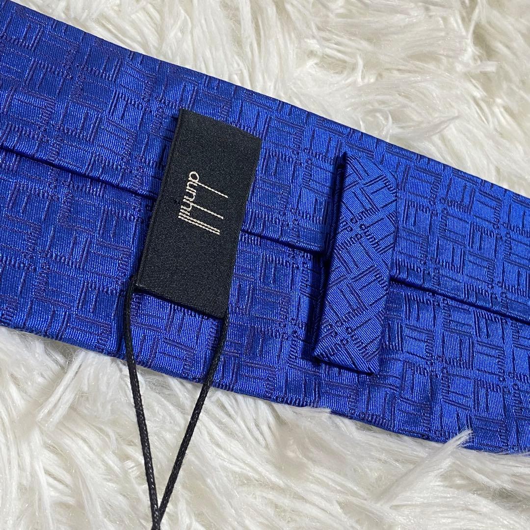 未使用タグ付き　dunhill ダンヒル ネクタイ　ロゴ　総柄　ブルー　光沢