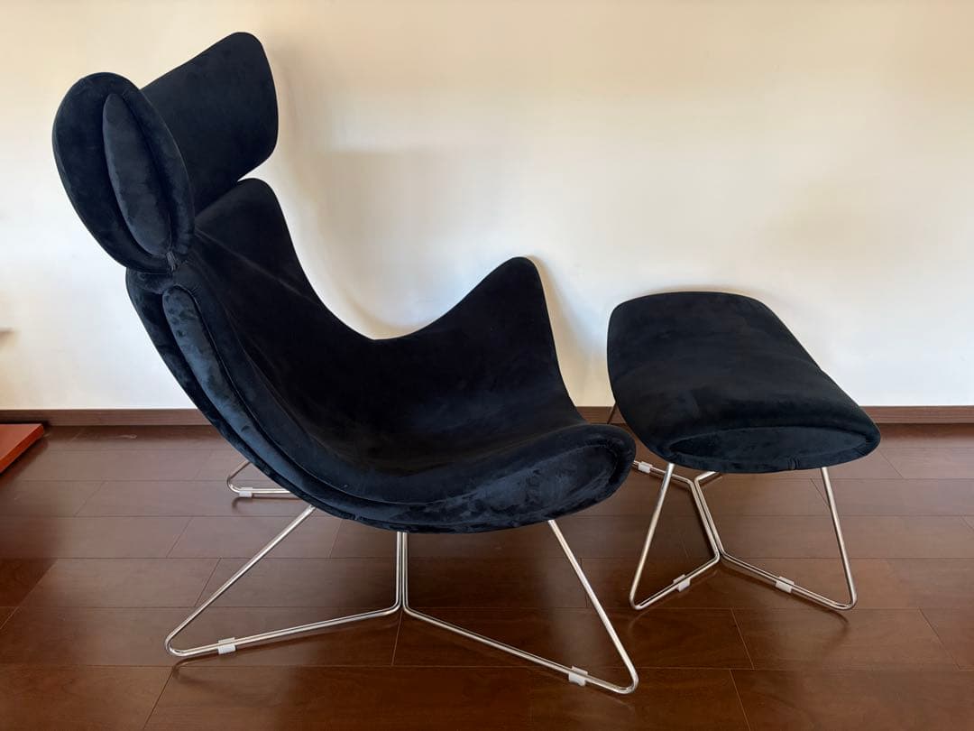 1人掛けソファー　オットマン付　ベルベット　ブラック　北欧