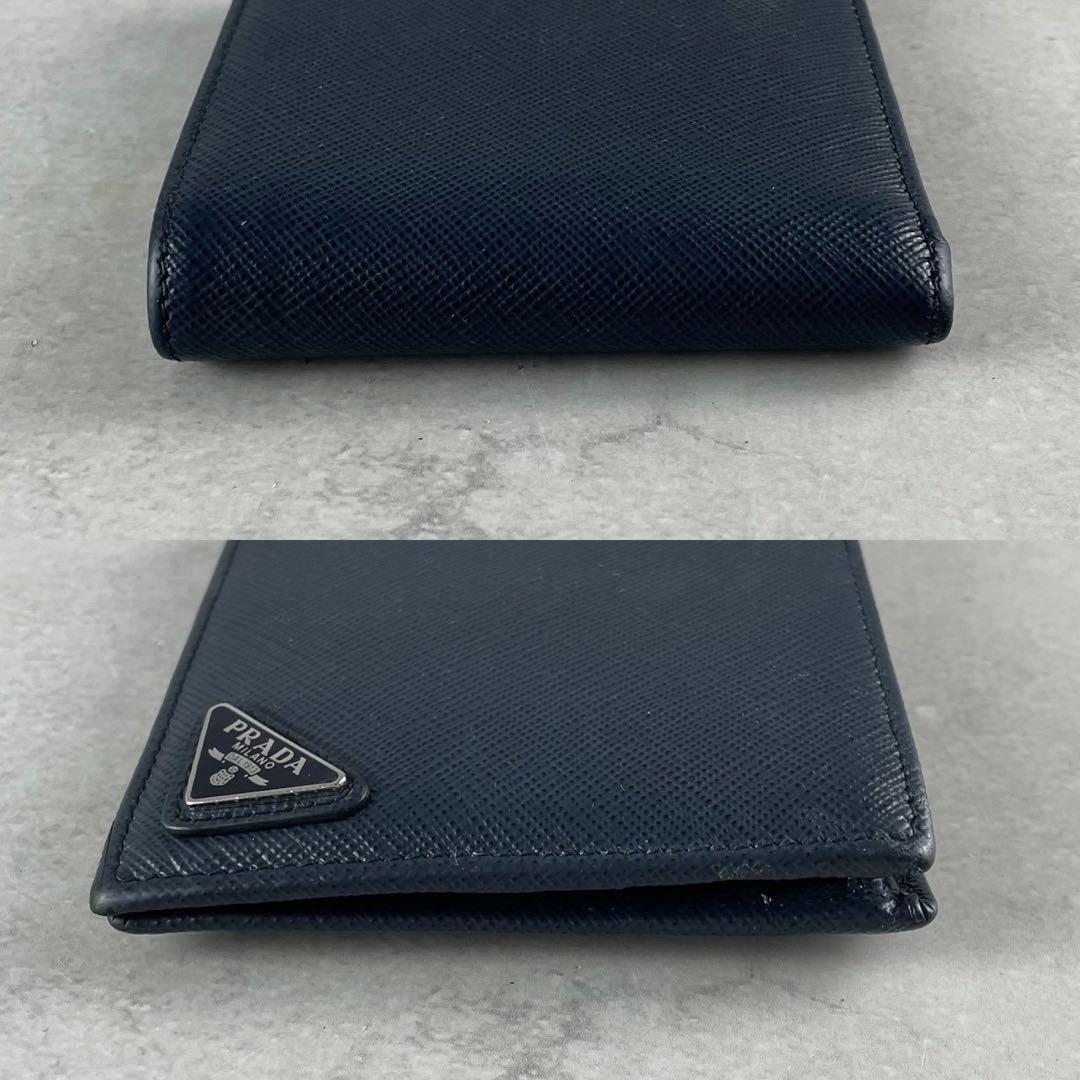 【極美品 人気色】PRADA 折り財布 三角ロゴ サフィアーノ レザー 紺色