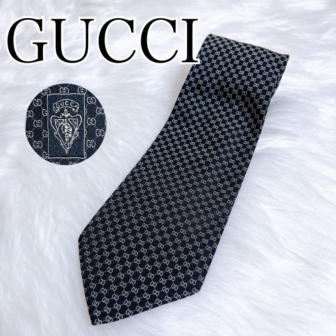 極美品⭐️　GUCCI　グッチ　 ネイビー シルク100 ネクタイ GGパターン