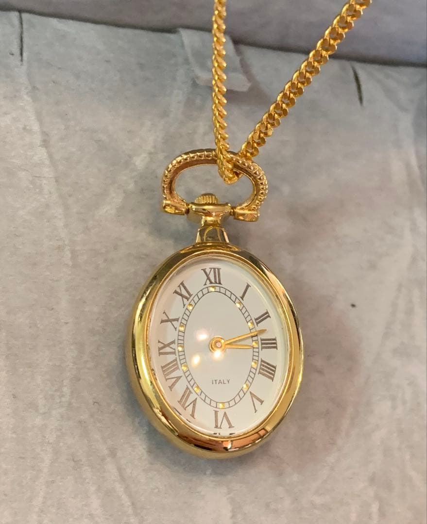 希少ITALYヴィンテージ貴婦人横顔カメオ懐中時計65cm美品動作確認済み