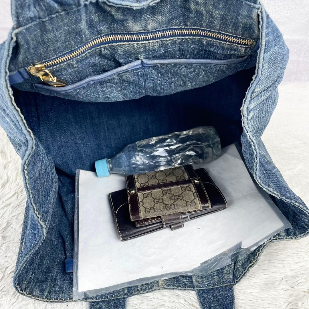 A4可 美品 プラダ デニム トートバッグ カナパ 3角プレート ロゴ金具 紺