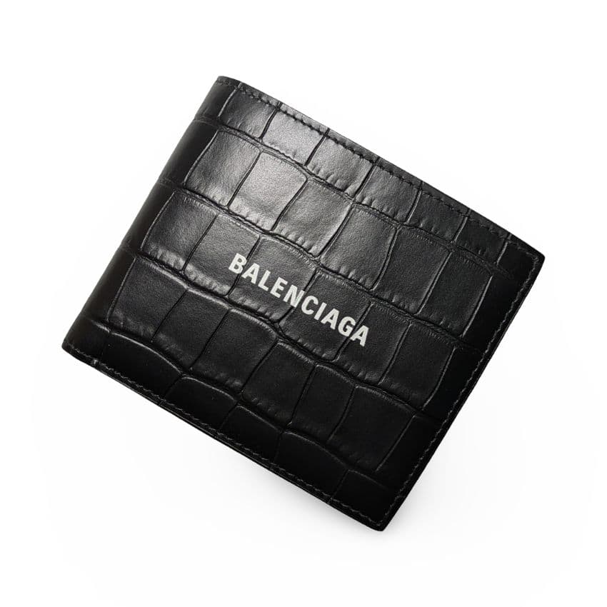 【極美品】BALENCIAGA クロコ型押しレザー　二つ折り財布 黒
