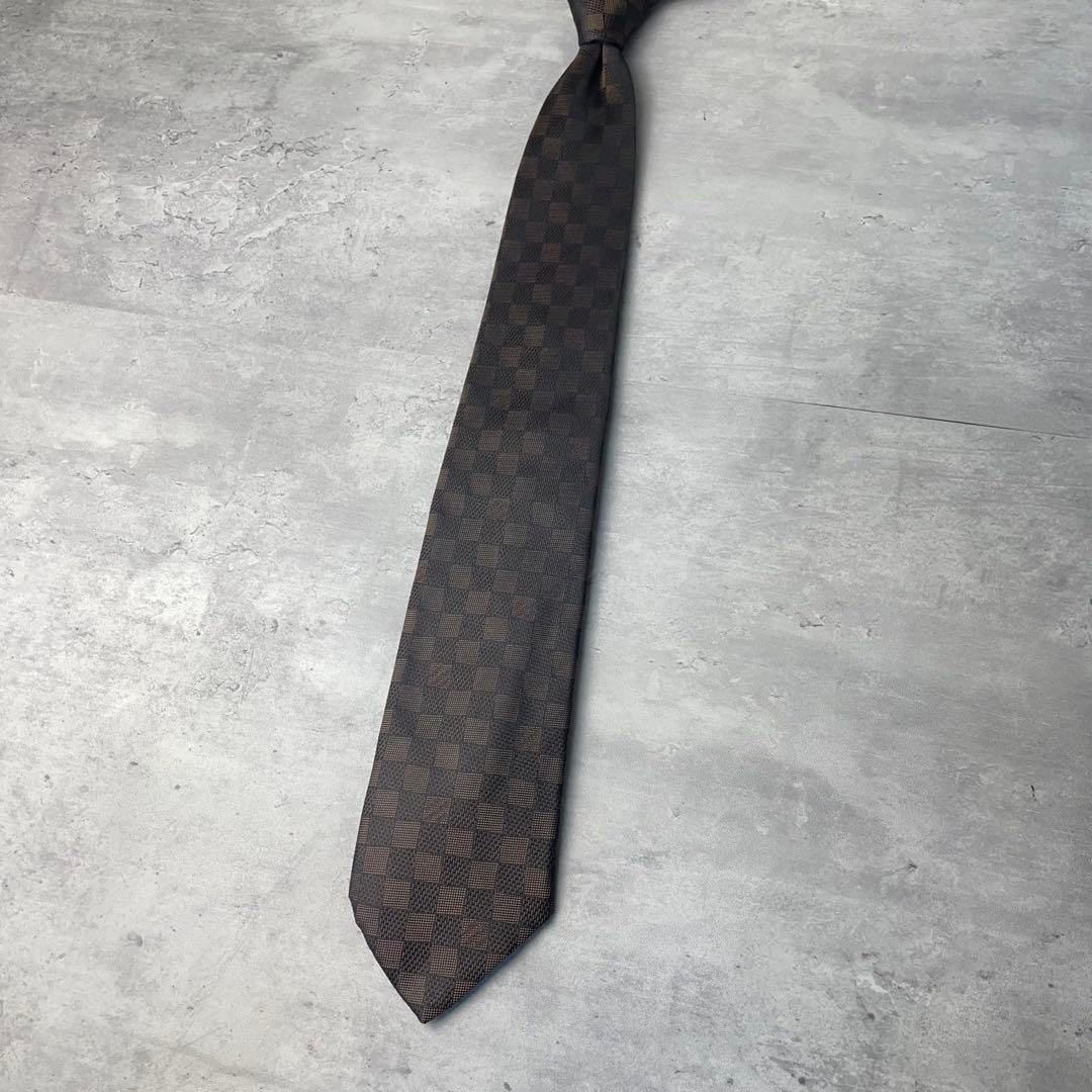 極美品 LOUIS VUITTON ジャガード ダミエ 格子柄 ネクタイ 茶