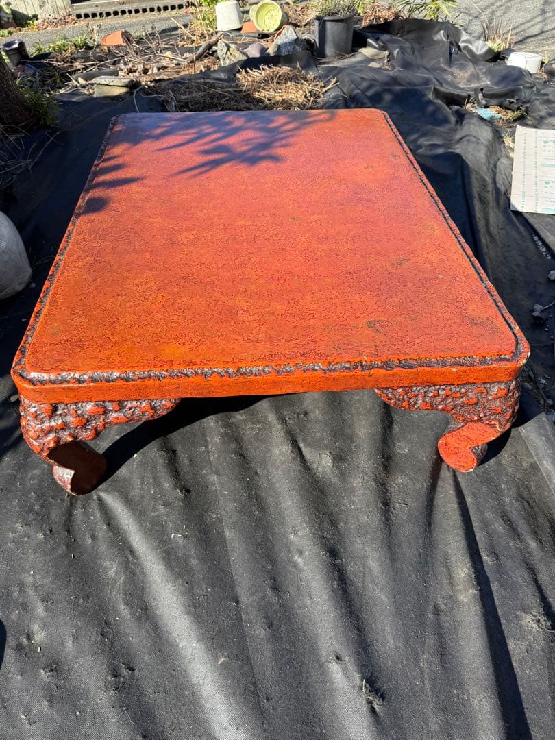 引渡限定！根来塗 座卓 古民具 民芸家具 和家具 朱漆 剥離美 天板クラック有