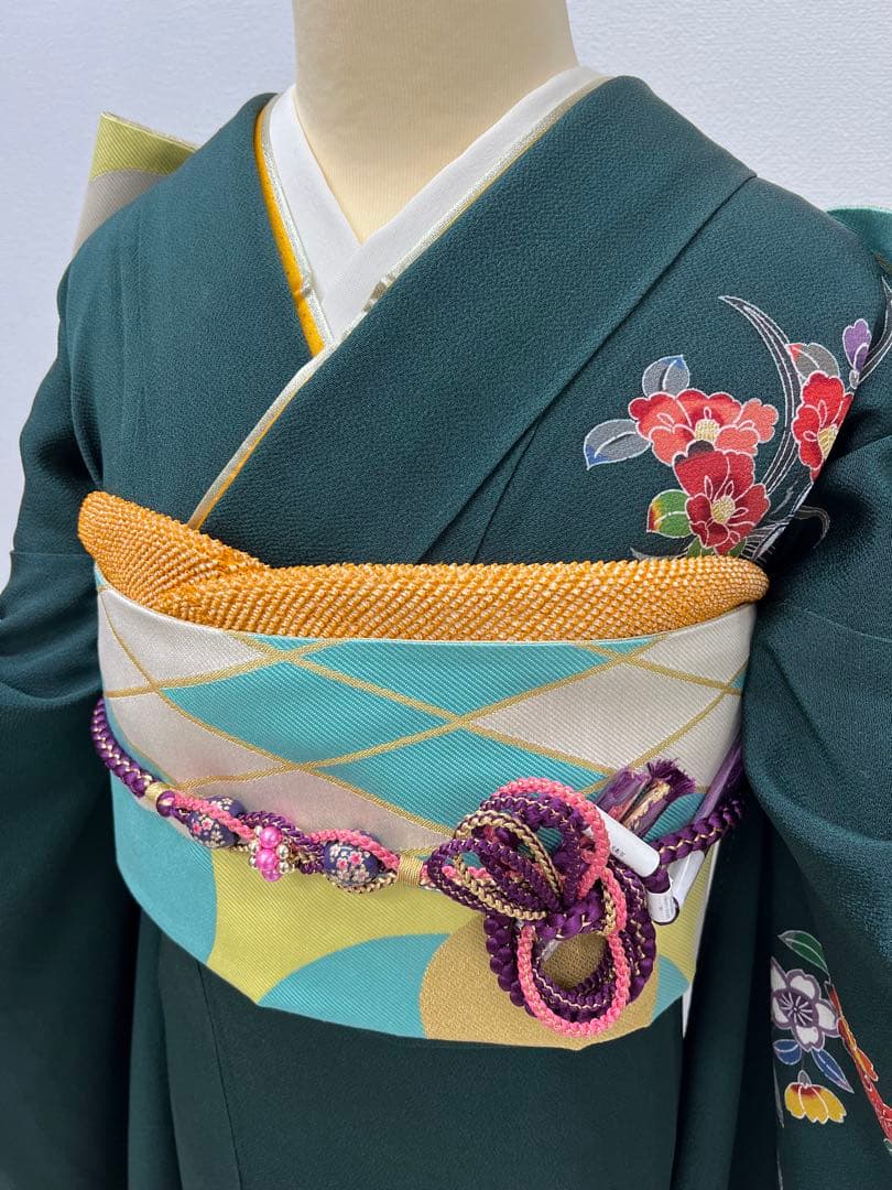 振り袖　フルセット　浜ちりめん　別誂長襦袢　深緑　個性的　友禅　成人式　717