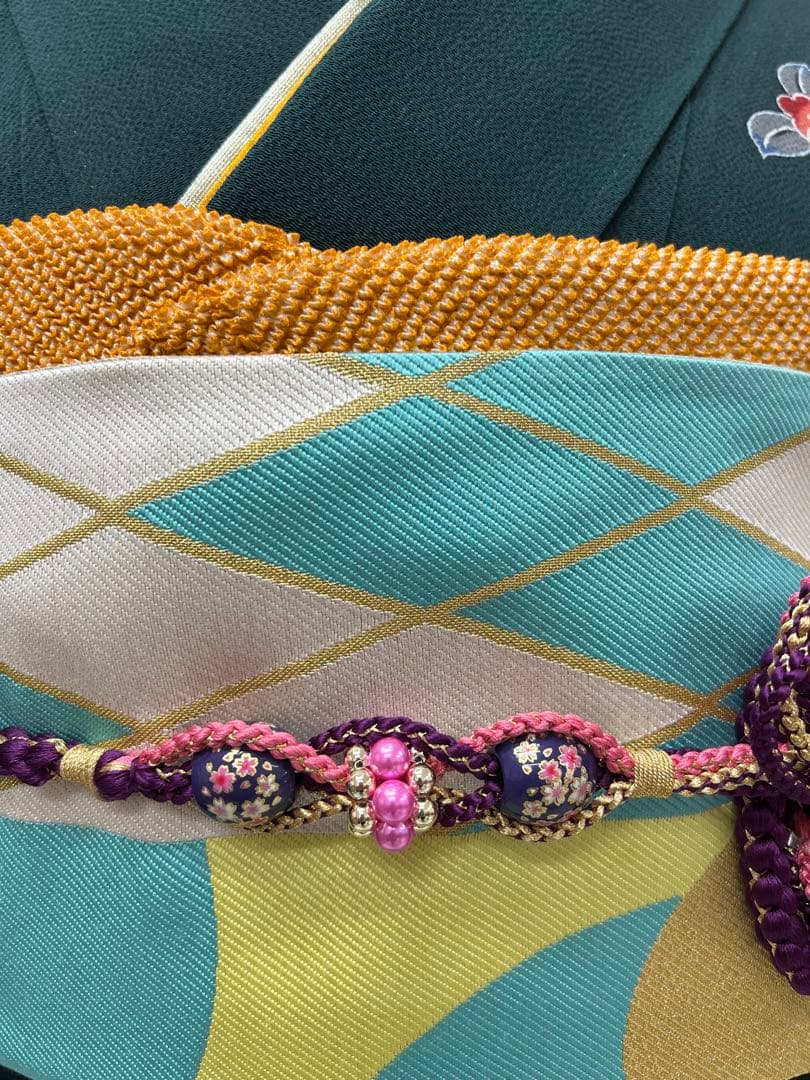 振り袖　フルセット　浜ちりめん　別誂長襦袢　深緑　個性的　友禅　成人式　717