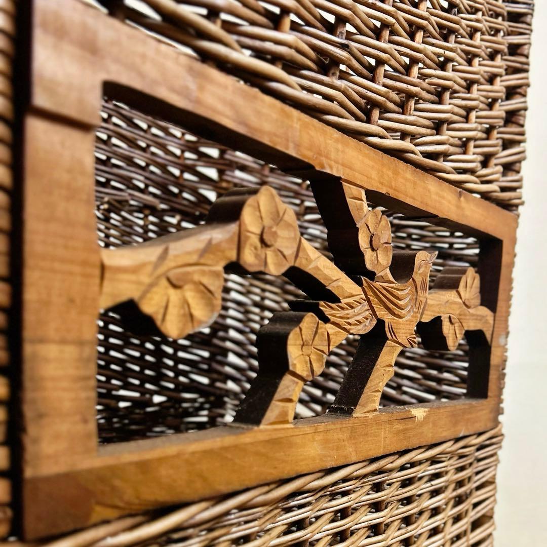 20世紀中頃　柳編み 収納かご バスケット 木彫装飾 鳥 手編み ウィロー　藤