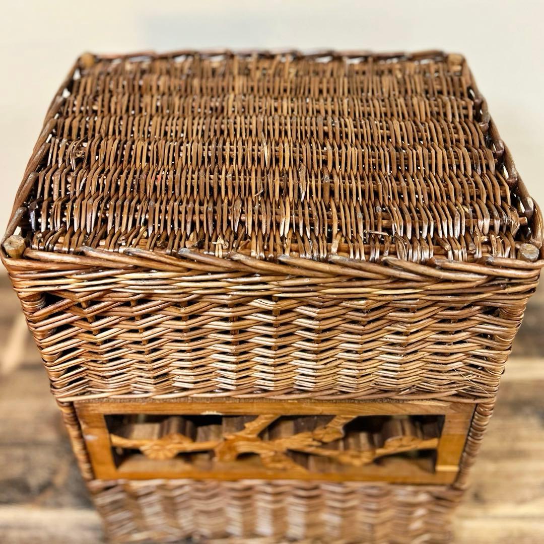 20世紀中頃　柳編み 収納かご バスケット 木彫装飾 鳥 手編み ウィロー　藤
