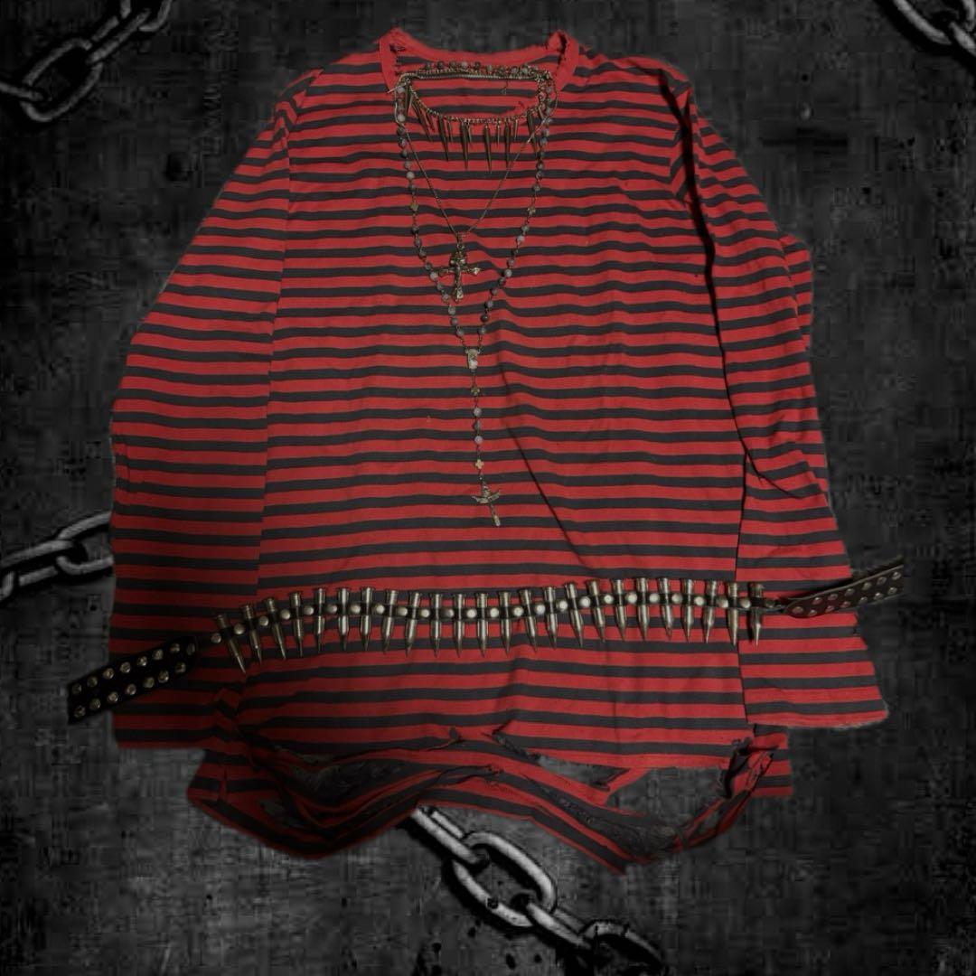 パンク赤黒ボーダーロンT ボロリメイク　グランジ　y2k