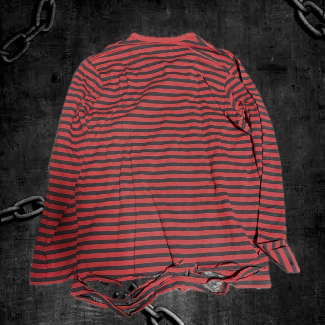 パンク赤黒ボーダーロンT ボロリメイク　グランジ　y2k