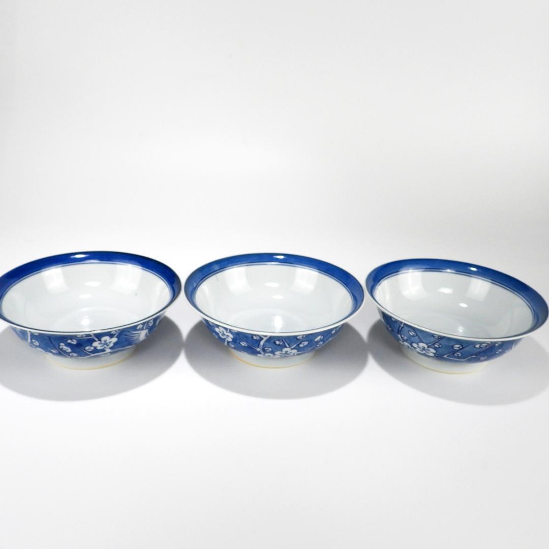 【源右衛門】古伊万里の伝統　舘林源右衛門作　染付梅鳳凰絵　蓋碗　3客