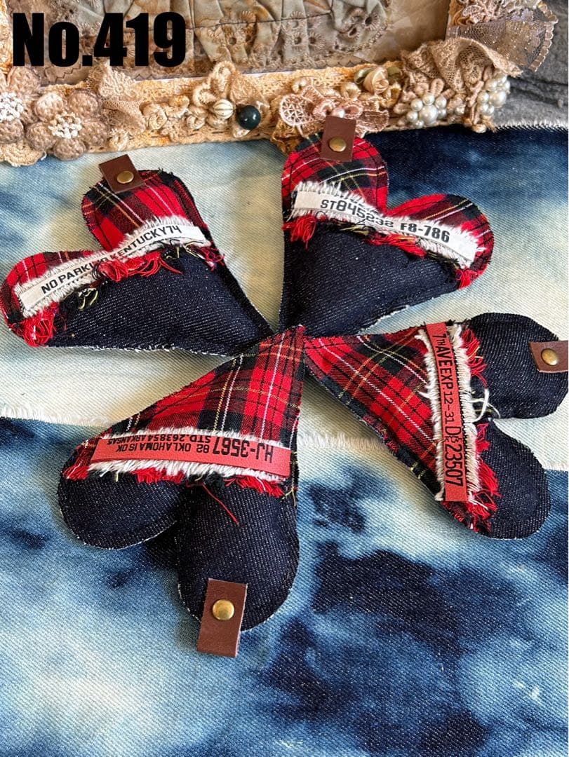 ぷっくりハートタグ♡赤チェック　No.419