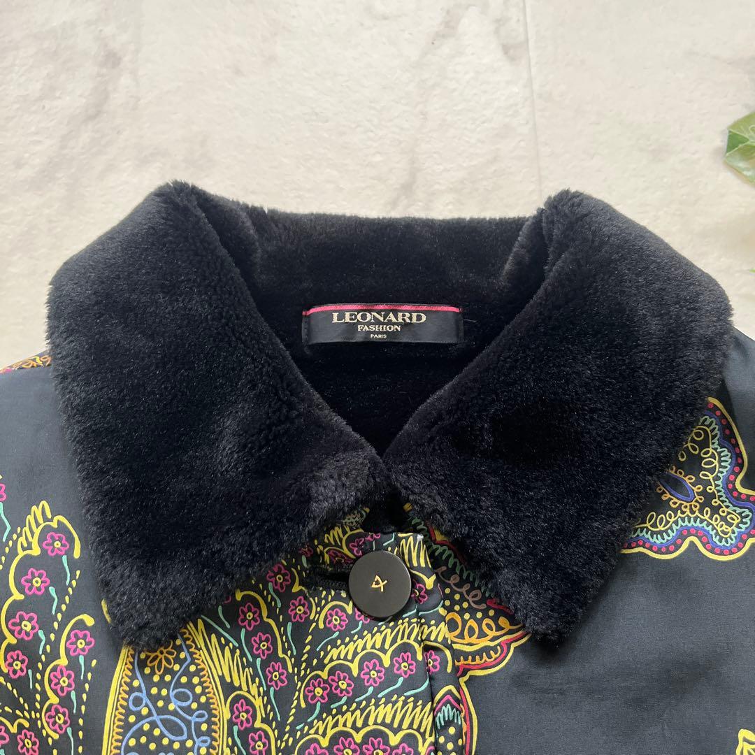 訳アリ　レオナール　シルク100%中綿コート　大きいサイズ13 総柄　ブラック