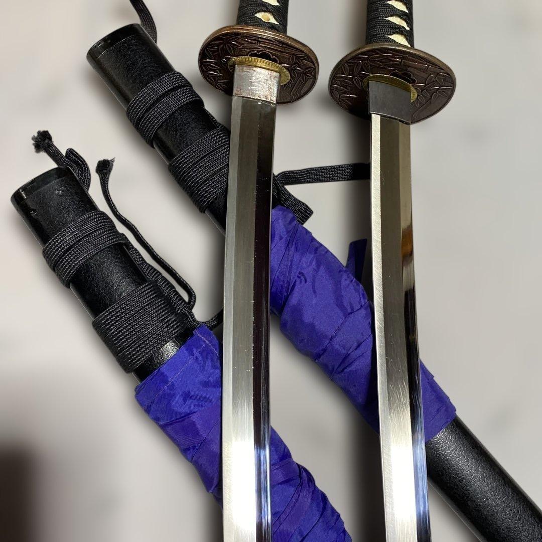 上級模造刀大小２本(刀袋付) 黒柄 竹笹小判鍔