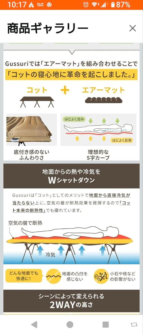 DOEARTH Gussuri エアーコットマット 自動膨張 ブラック