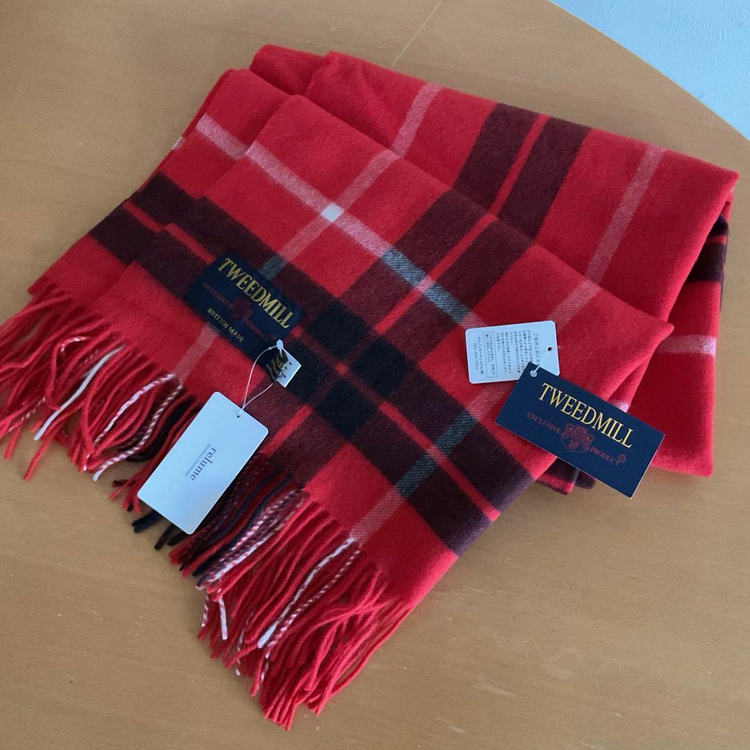 ツイードミルチェックストール　レッド　新品タグ付き