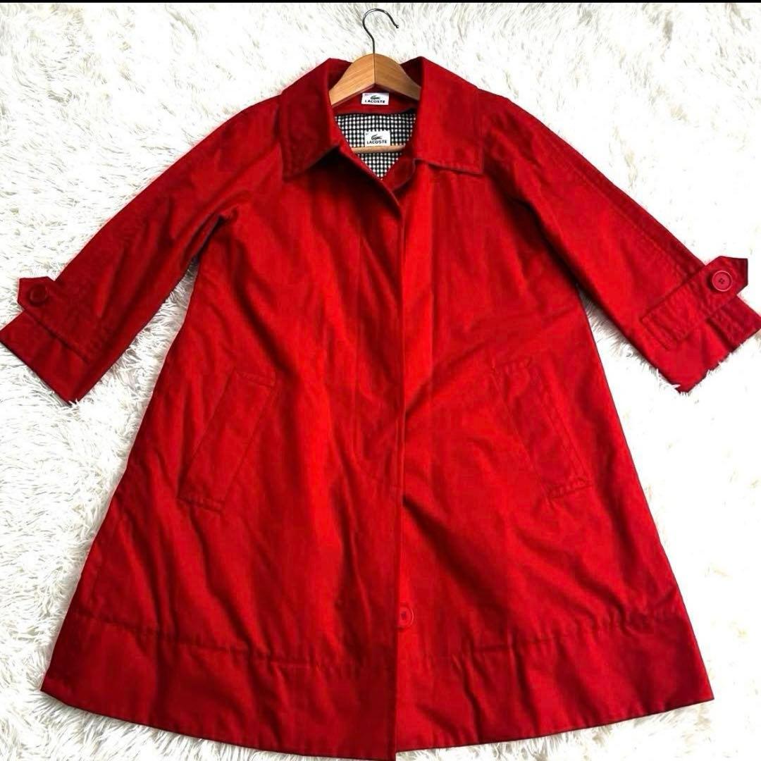 LACOSTE ステンカラーコート 42 ライナー付き Aライン 赤 チェック