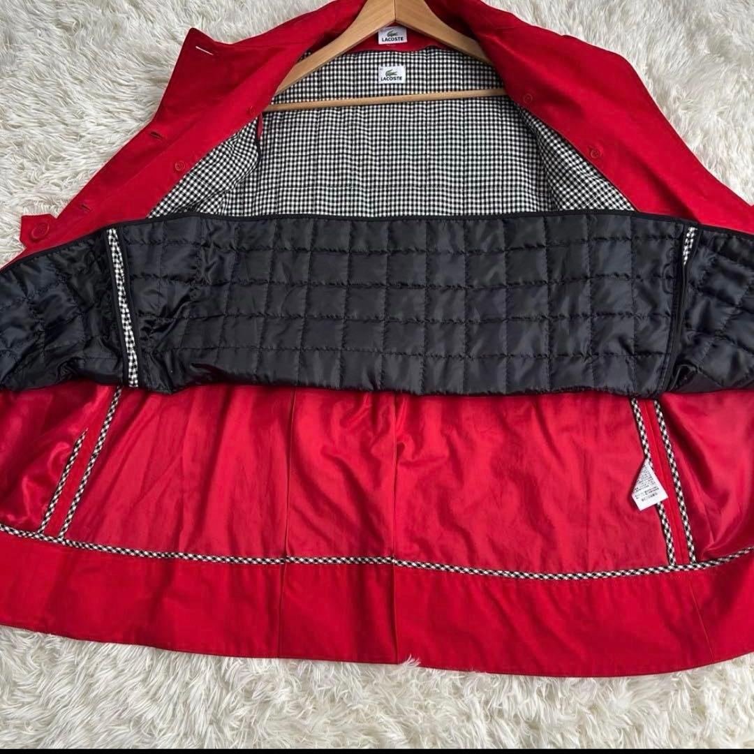 LACOSTE ステンカラーコート 42 ライナー付き Aライン 赤 チェック
