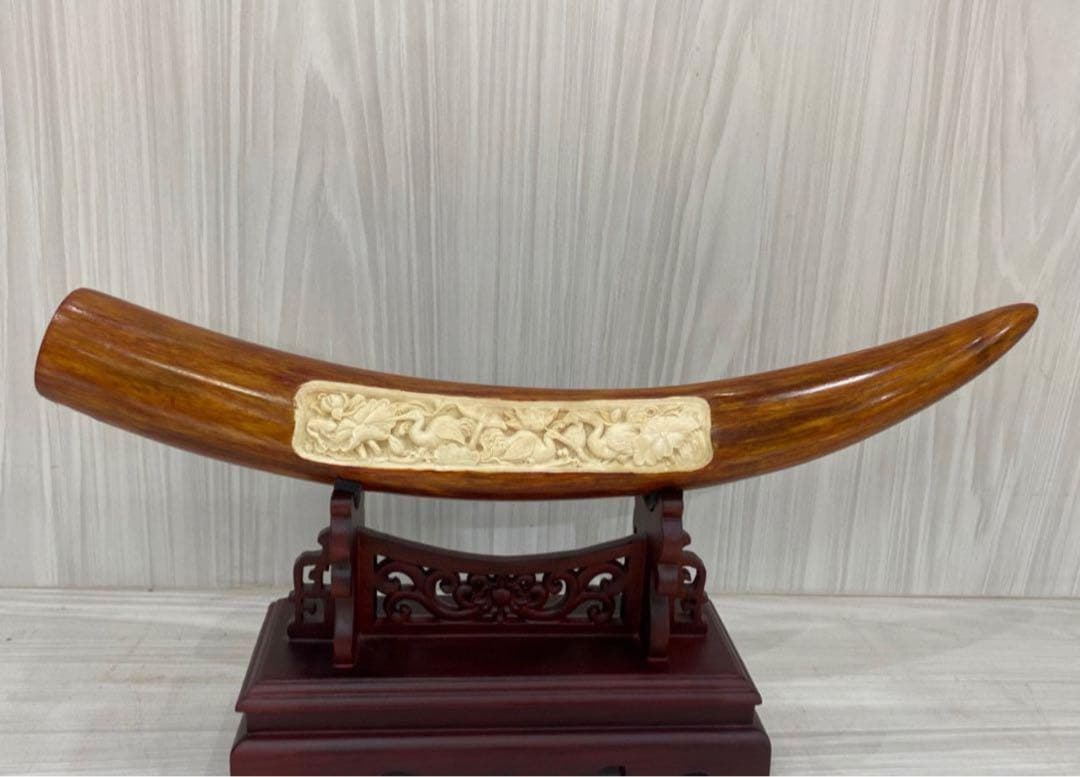 天然マンモス牙美しい手作り彫刻一鷺蓮昇 置物