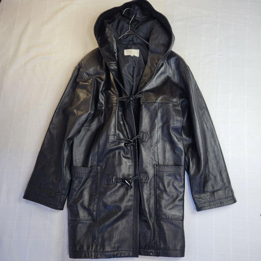 courreges クレージュ 日本製 レザーコートフード付 38 ブラック