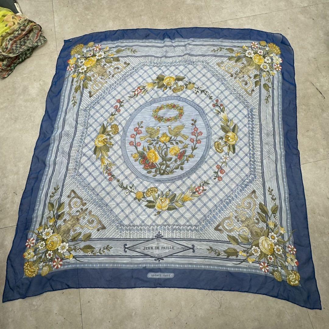 エルメス　シフォン スカーフ カレ90 JEUX DE PAILLE シルク