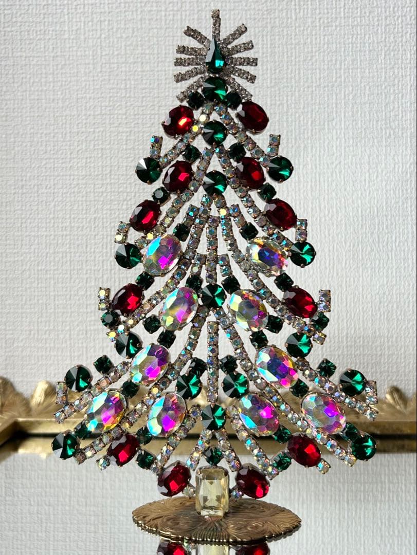 チェコガラス/ガラスツリー/赤/緑/オーロラ/卓上/クリスマス/ラインストーン