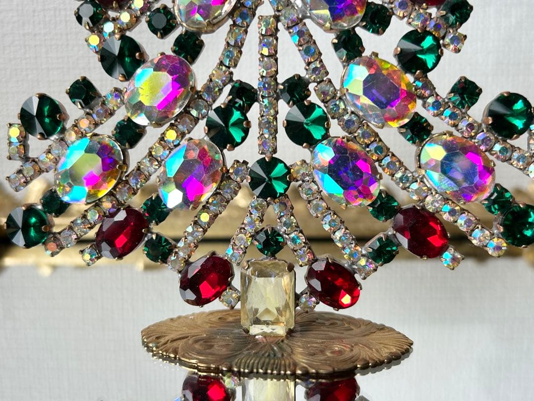 チェコガラス/ガラスツリー/赤/緑/オーロラ/卓上/クリスマス/ラインストーン