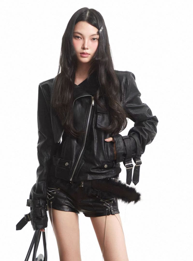 UNCMHISEX 秋 パンク ハイストリート ショート丈 ライダースジャケット