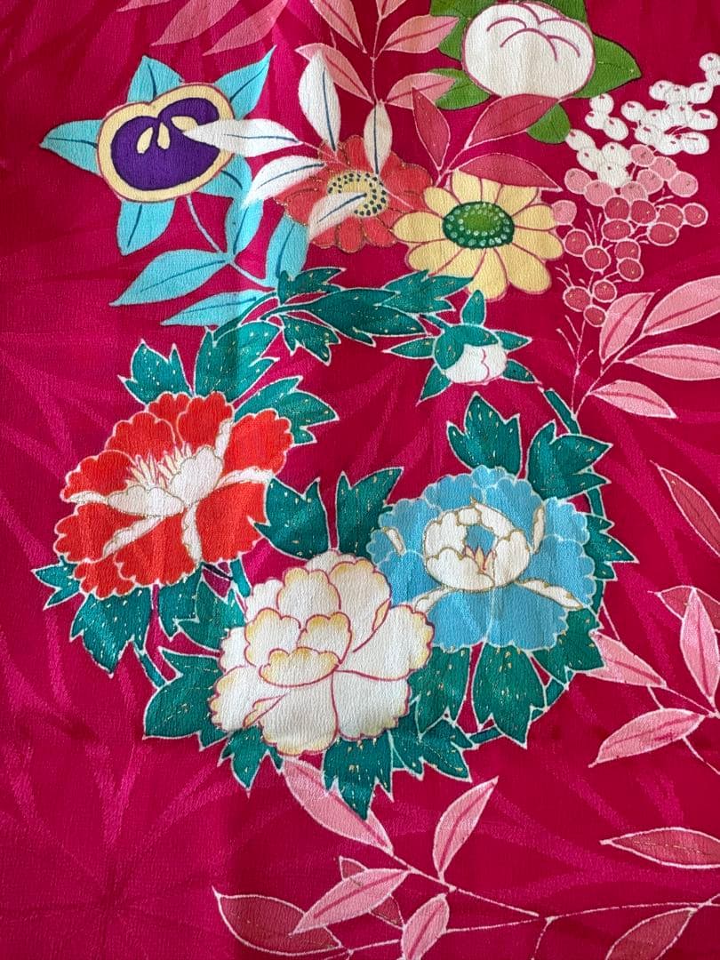 七五三に★アンティーク　正絹　ワイン色に四季の花々と花籠、花車　七歳着物セット