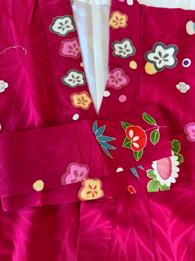 七五三に★アンティーク　正絹　ワイン色に四季の花々と花籠、花車　七歳着物セット