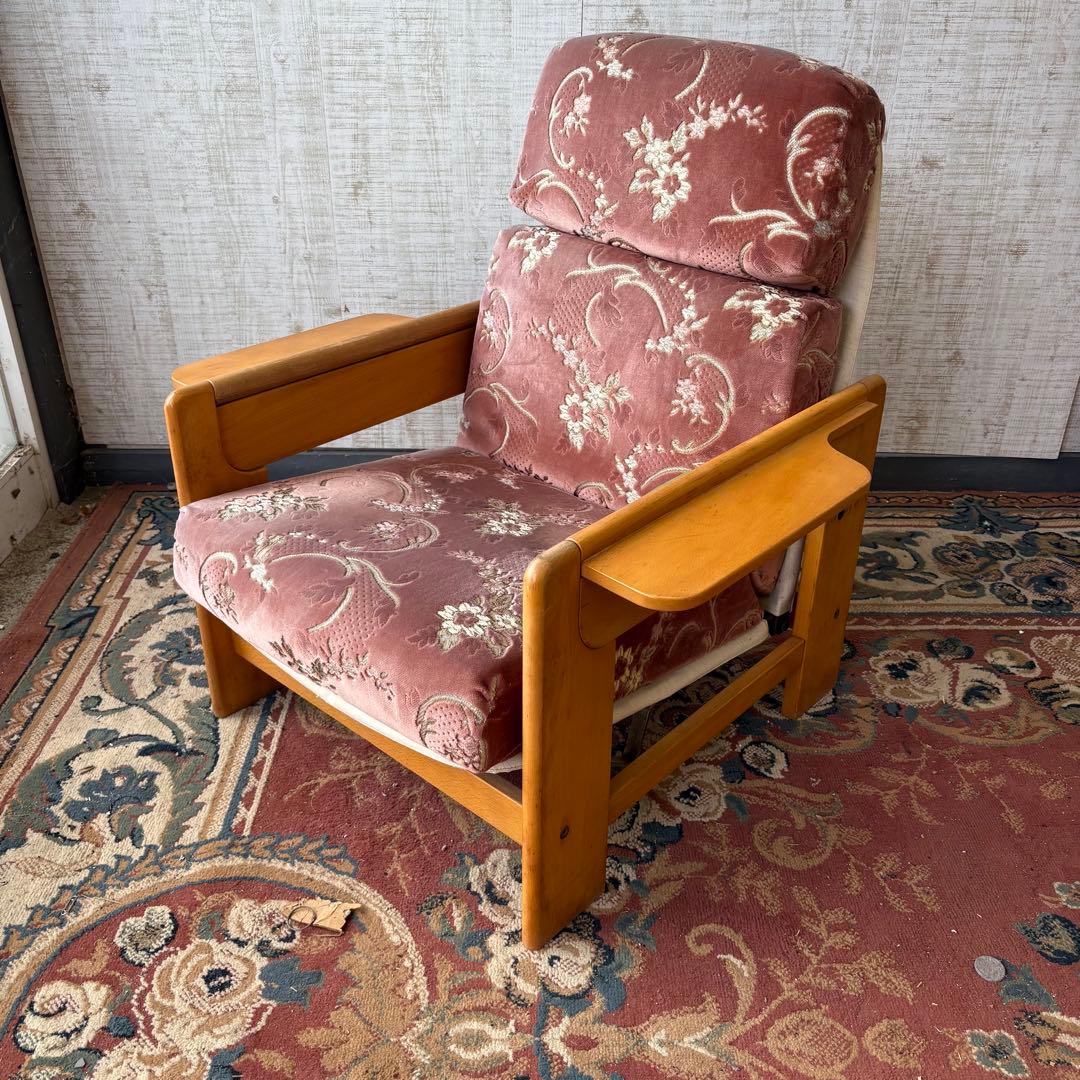 昭和レトロ カリモク 花柄ベロア リクライニングチェア 一人掛けソファー ロビー
