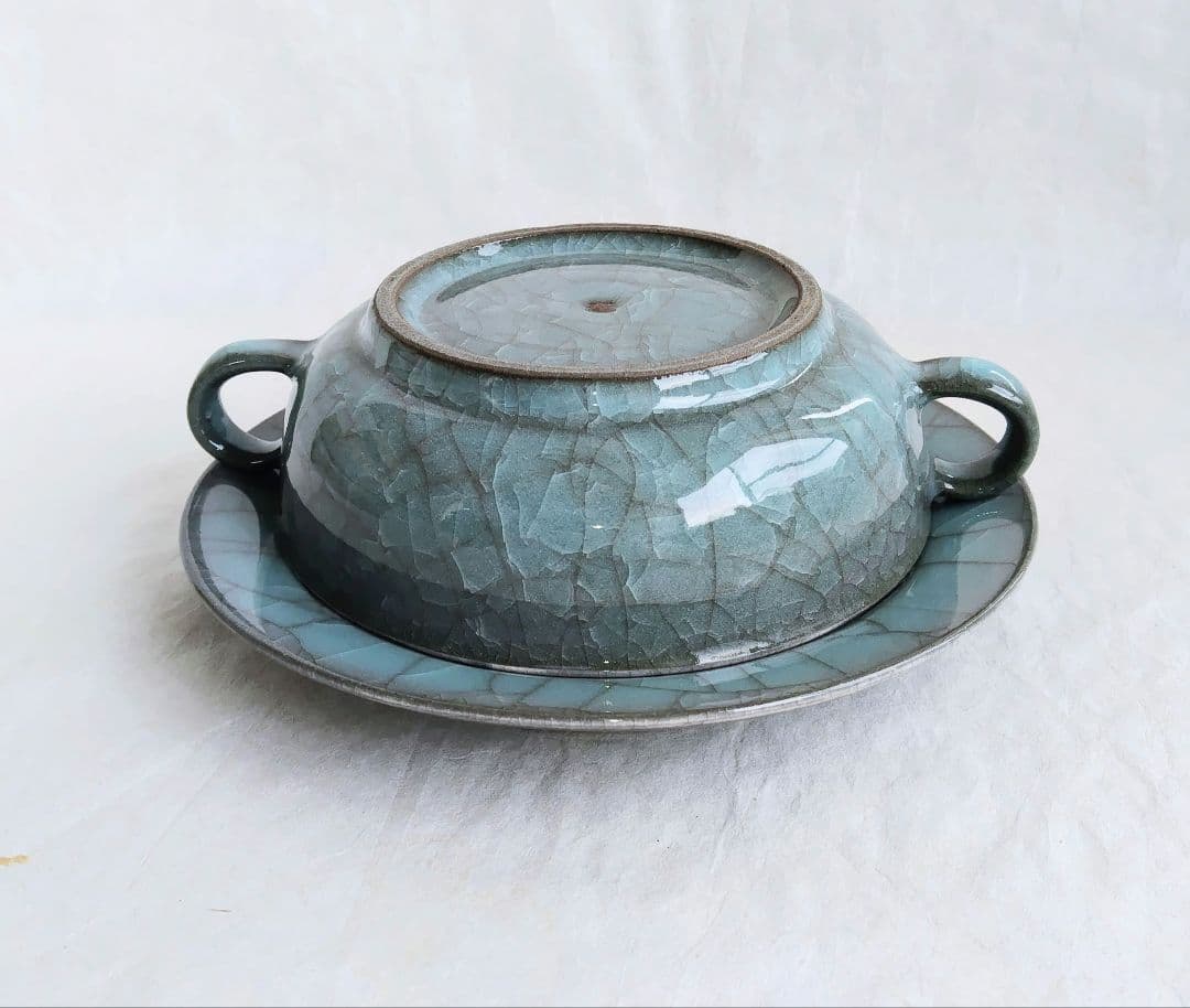 青瓷手付ボウル 青瓷七寸皿セット(未使用 新品同様)