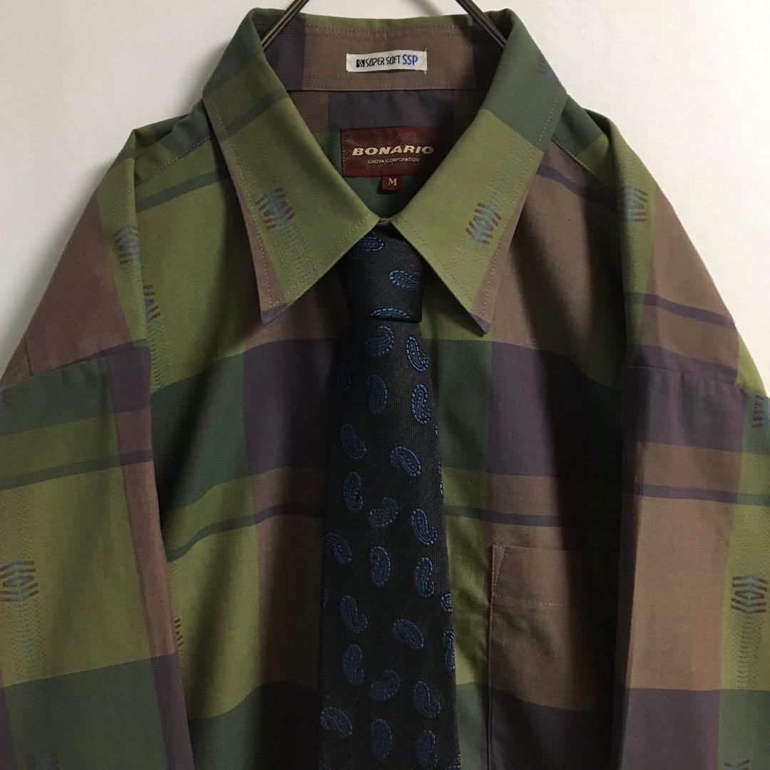 ネクタイシャツ 古着 ペイズリー柄シルクネクタイ チェックジャガードシャツ緑 紫