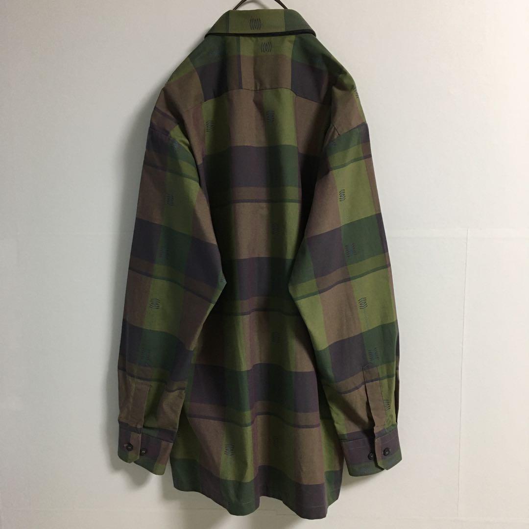 ネクタイシャツ 古着 ペイズリー柄シルクネクタイ チェックジャガードシャツ緑 紫