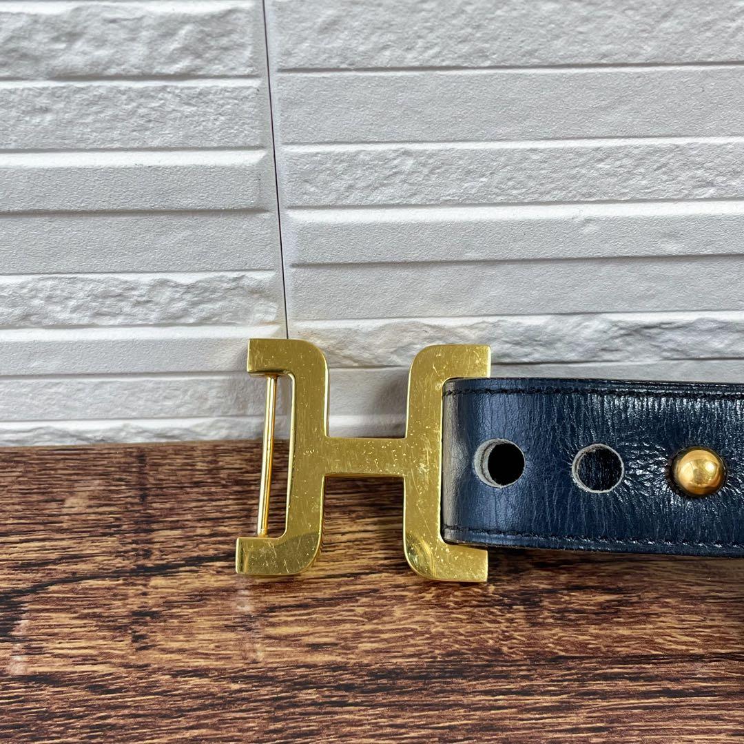 エルメス レザー Hバックル ゴールド 金具 ベルト ネイビー ブラウン.