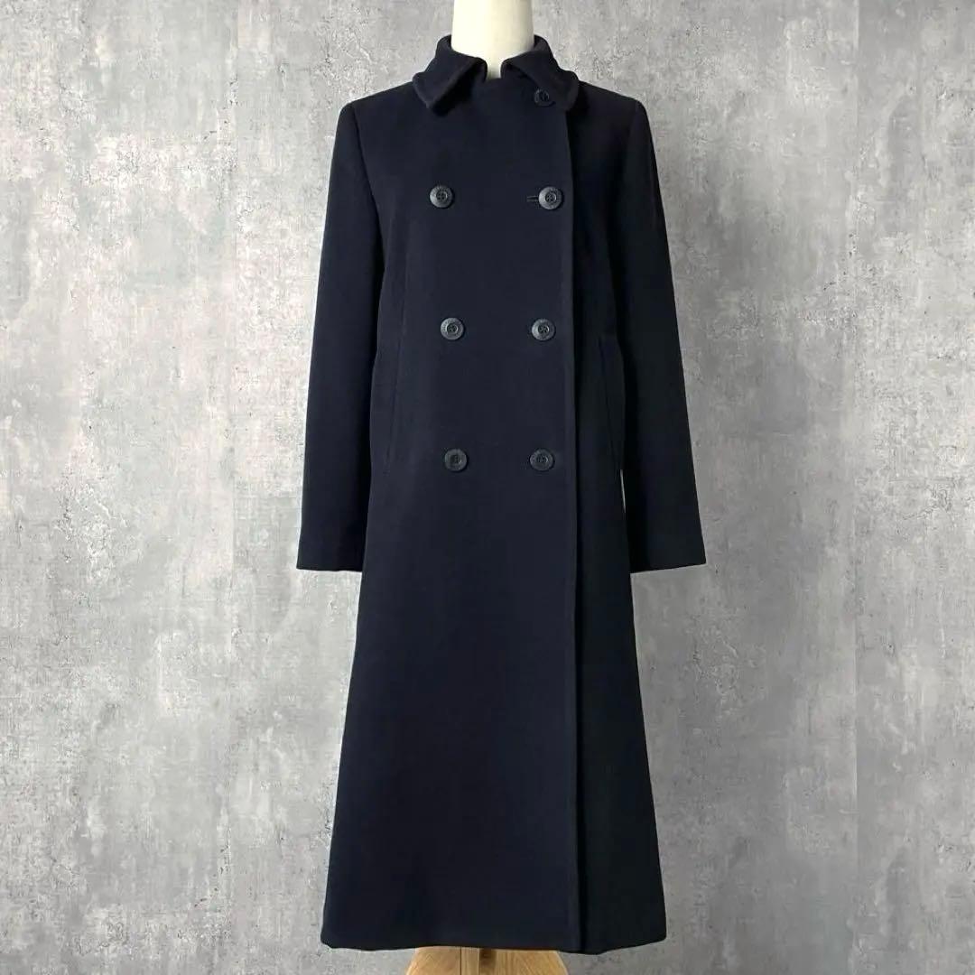 【美品】アクアスキュータム カシミア混 ロングコート ダブルブレスト 紺色 M