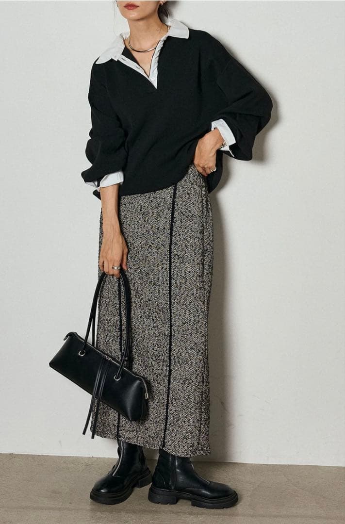 （ESICA/エシカ）襟付きポロトップス+ラインツイードワイドスカート　2set