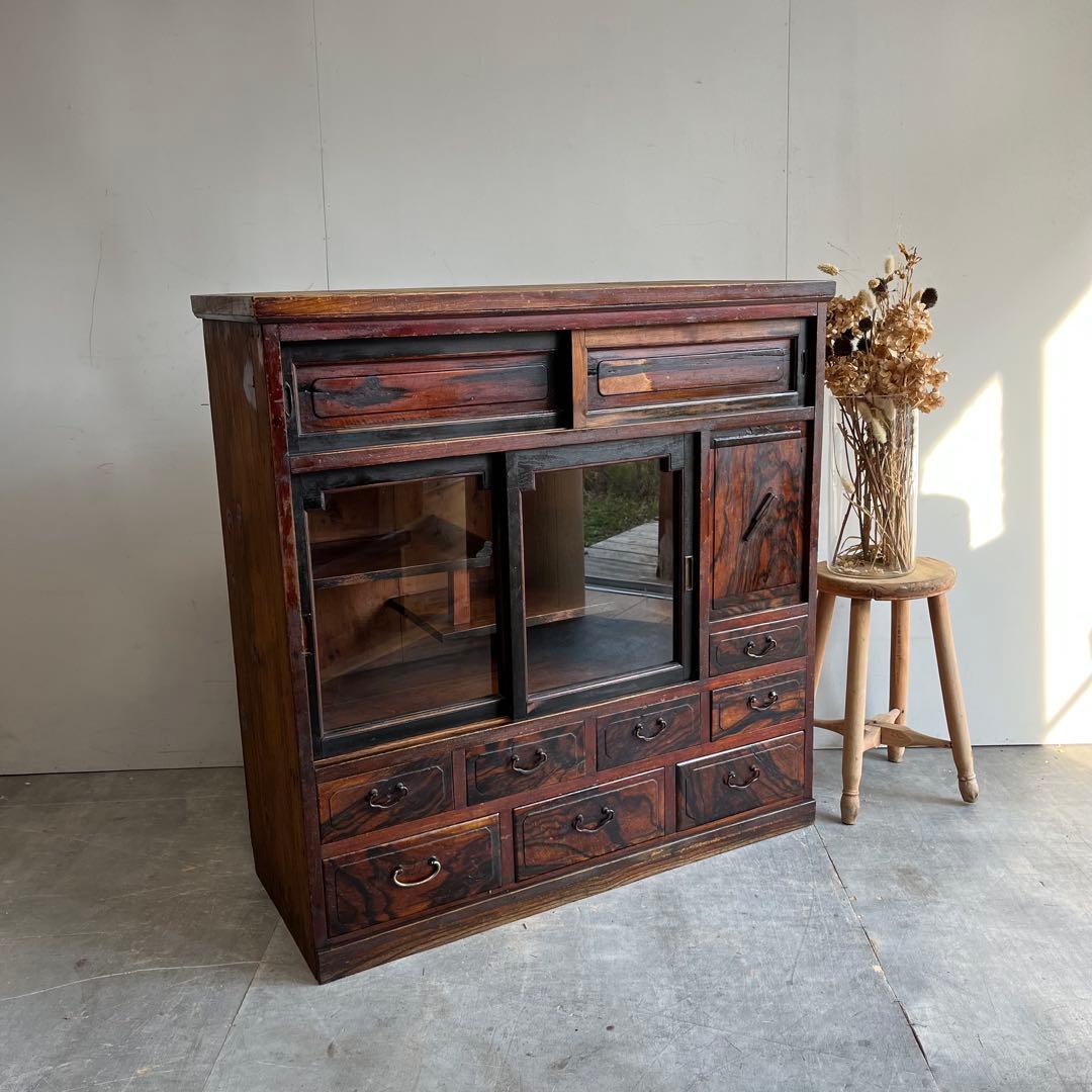 アンティーク 黒柿材 けやき ガラス 茶箪笥 キャビネット 昭和レトロ z460