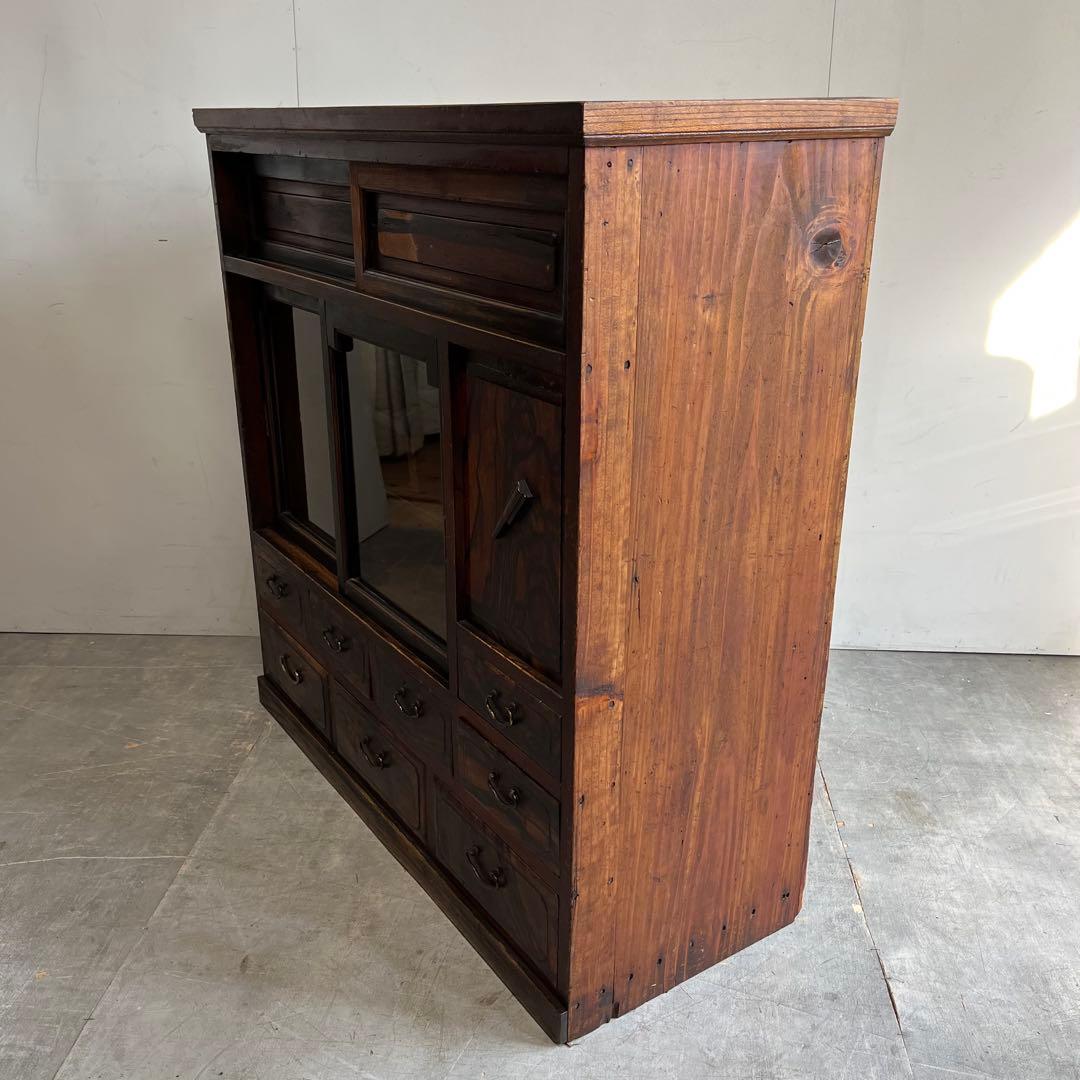 アンティーク 黒柿材 けやき ガラス 茶箪笥 キャビネット 昭和レトロ z460