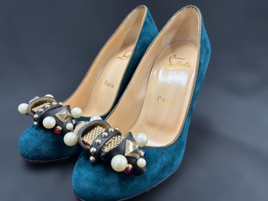 ☆ビジュー付☆ルブタン ハイヒール 35 1/2 パンプス チャンキー 刺繍風