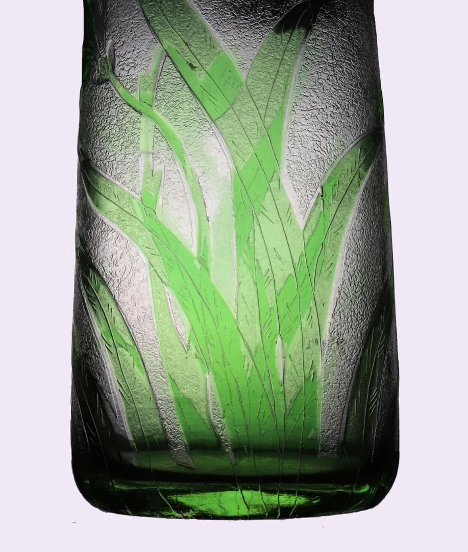 オールド・バカラ 1880年頃美術館級 緑色被せ硝子 特大アシッドエッチング花瓶