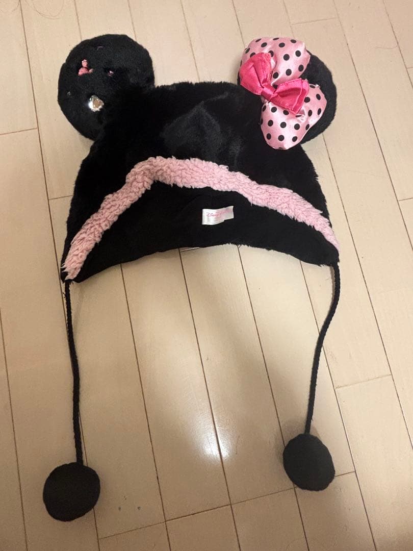 ミッキー風耳付き帽子 黒 ピンクリボン