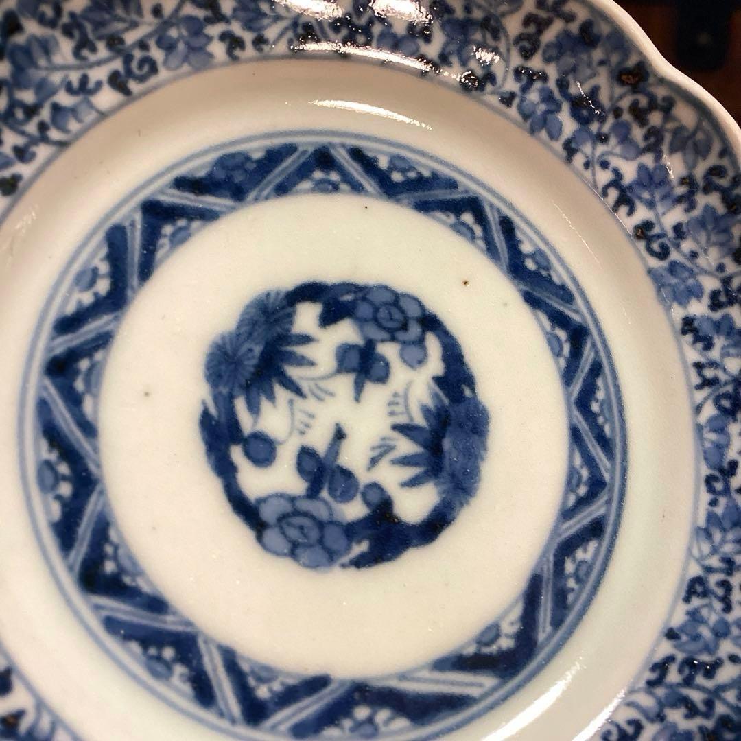 A1060 古伊万里　染付　花唐草　見込松竹梅に富士　輪花型　小皿　　5枚