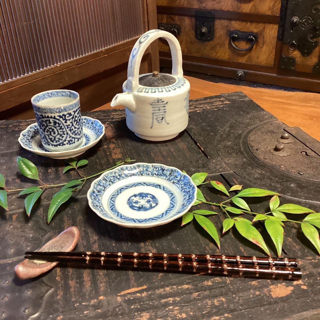 A1060 古伊万里　染付　花唐草　見込松竹梅に富士　輪花型　小皿　　5枚