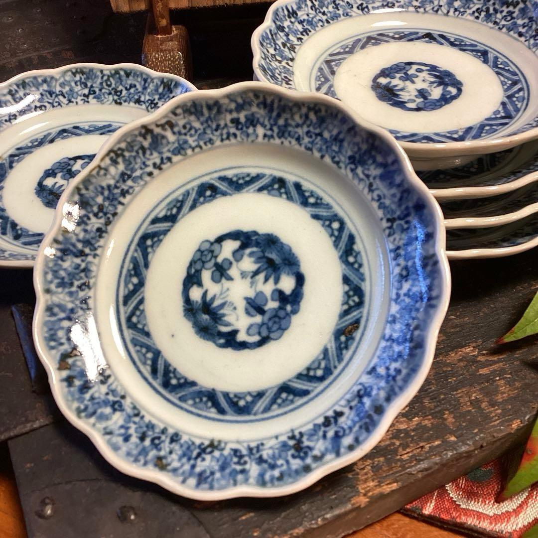 A1060 古伊万里　染付　花唐草　見込松竹梅に富士　輪花型　小皿　　5枚