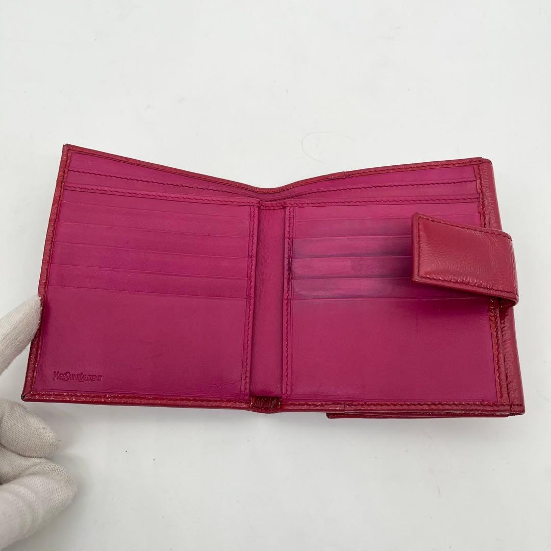 イヴサンローラン 二つ折り財布 カサンドラ YSLロゴ パテントレザー ピンク