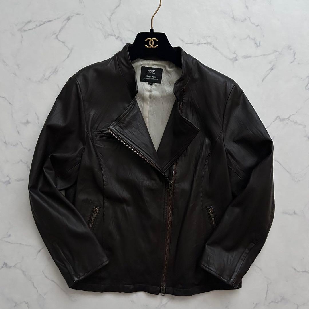 23区 ラムレザー羊革 ライダースジャケットダブル ノンカラー 2way 茶