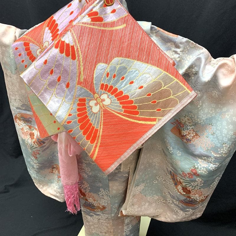 504ag18,お小物類□七五三 七歳 女児 着物&袋帯 桜 梅 松 扇□