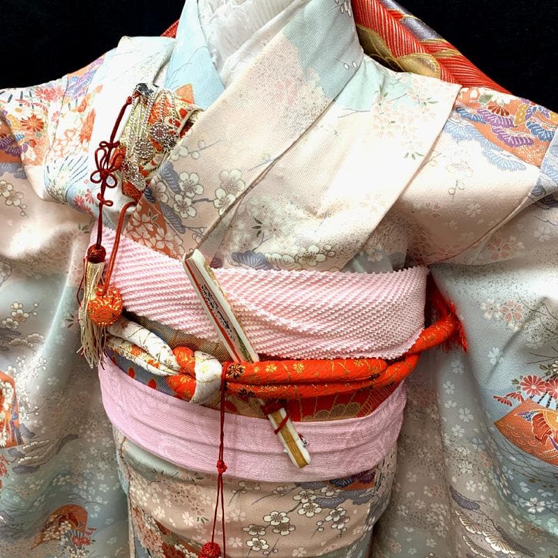 504ag18,お小物類□七五三 七歳 女児 着物&袋帯 桜 梅 松 扇□